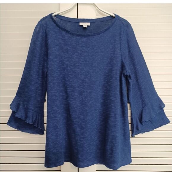 J Jill Ruffle Sleeve Top Linen Cotton Blend Blue Sz Large - Picture 10 of 10